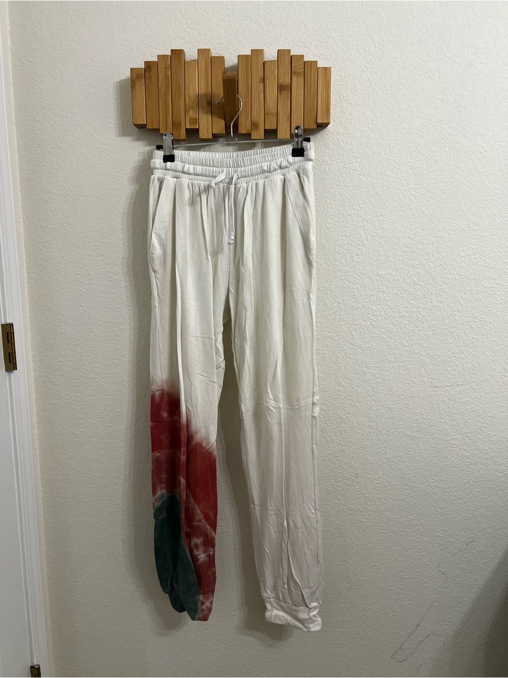 White Tie-Dye Joggers with Red & Green Accent